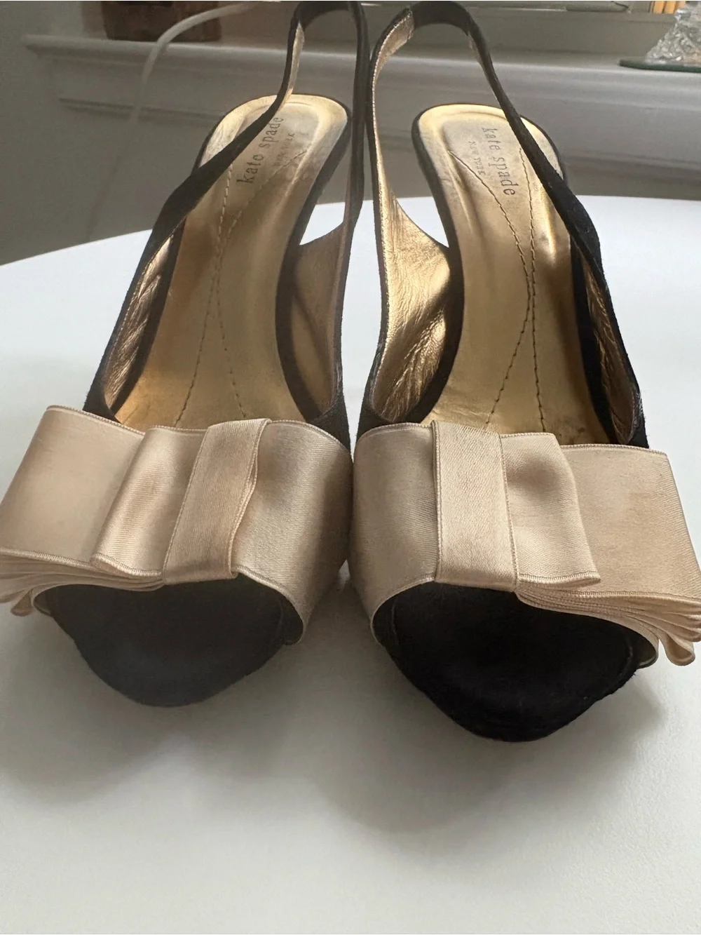 kate spade Black Slingback Heels with Cream Bow Accent